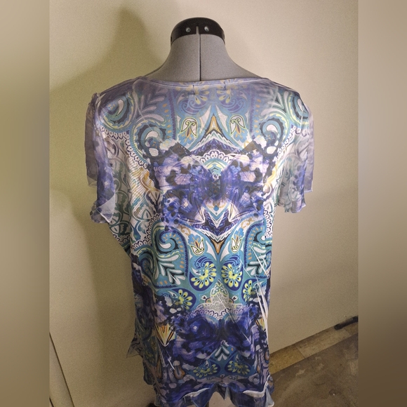 dressbarn Embroidered Blue & White Scoop Neck Tunic With Rhinestones Size 1X - Picture 6 of 8